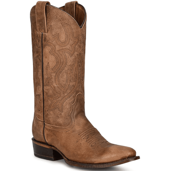 tall brown western boot with embroidered design and distressed leather