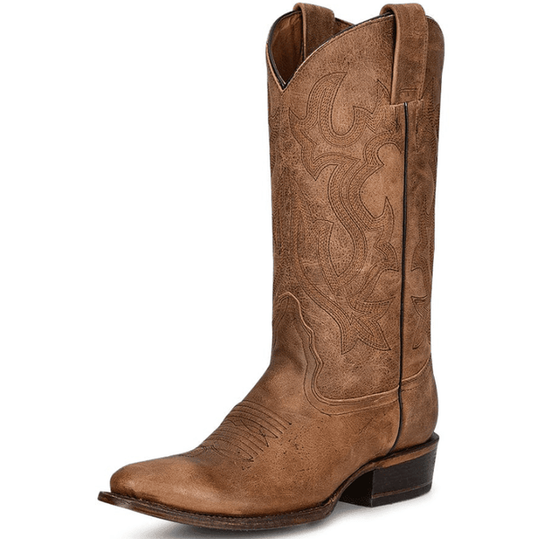 left side angle view of tall brown western boot with embroidered design and distressed leather