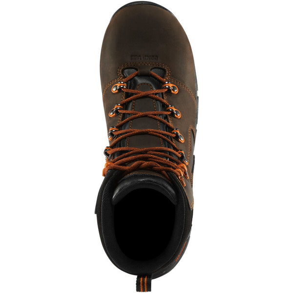 top down angled side view high top brown work boot with orange accents and laces