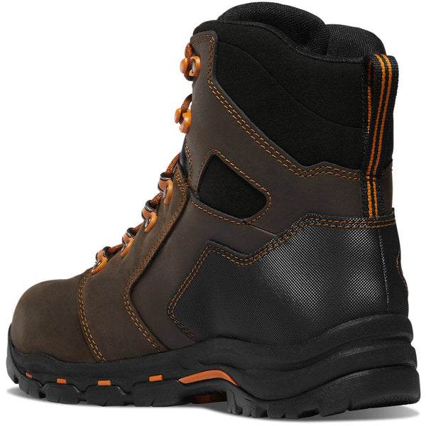 back angled angled side view high top brown work boot with heel guard, orange accents and laces