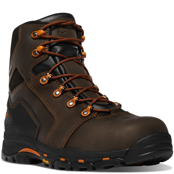 angled side view high top brown work boot with orange accents and laces