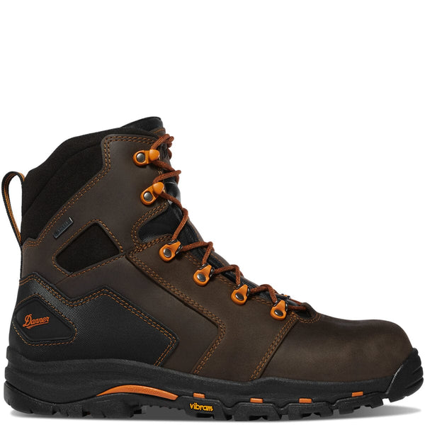 side view high top brown work boot with orange accents and laces, Danner logo on side of heel