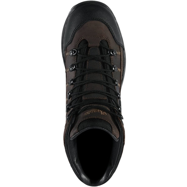 top down view high top brown hiking boot with black accents, toe cap, and laces