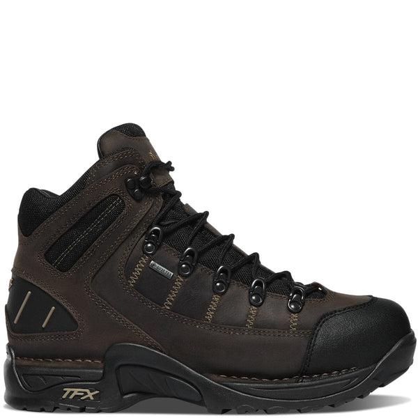 side view high top brown hiking boot with black accents and laces