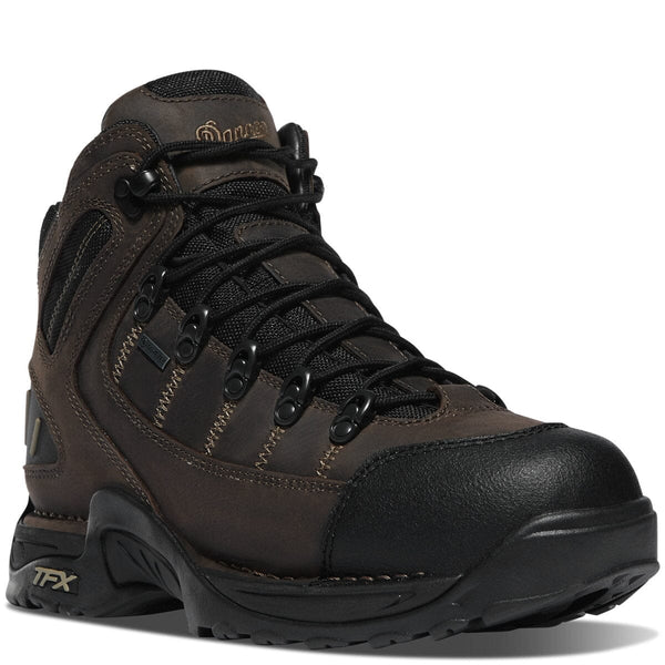 front angle view high top brown hiking boot with black accents, toe cap, and laces