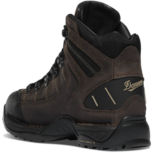 back view high top brown hiking boot with black accents and Danner logo on heel