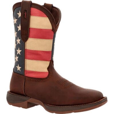 angled view of brown cowboy boot with tan embroidery and square toe