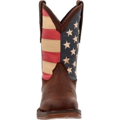 front of brown cowboy boot with tan embroidery and square toe