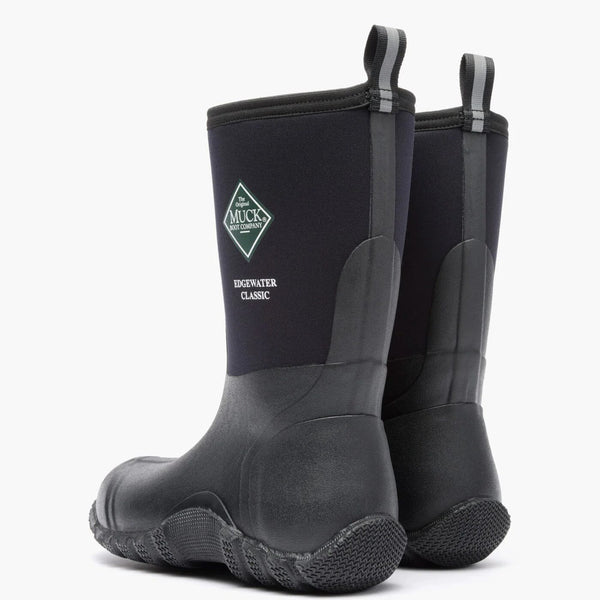 Rear view of a pair of black rubber boots with a visible brand logo on a white background