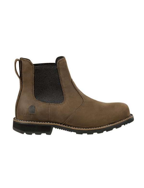 Right side view of a dark brown leather chelsea boot with elastic gore and a rubber outsole.