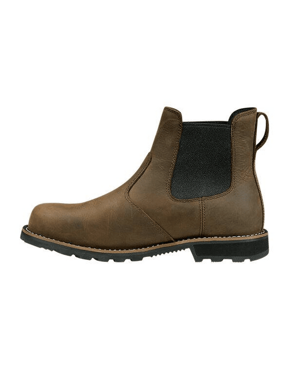 Left side view of a dark brown leather men's chelsea boot with elastic gore and a rubber outsole.