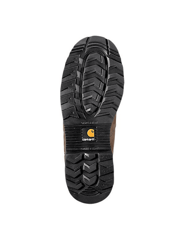 Bottom view black sole of men's boot with yellow Carhartt logo on center arch.