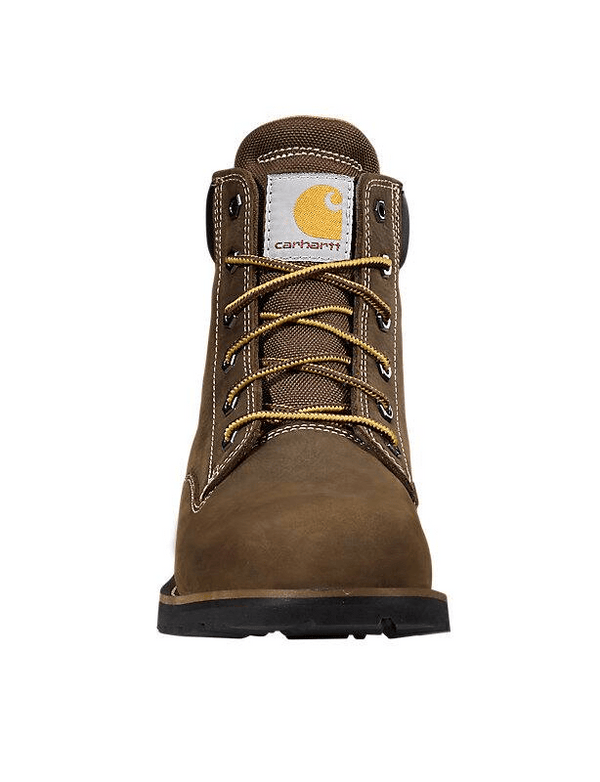 Front view of women's dark brown lace-up leather boot with a padded collar with Carhart logo stitched on front, and a rubber outsole.