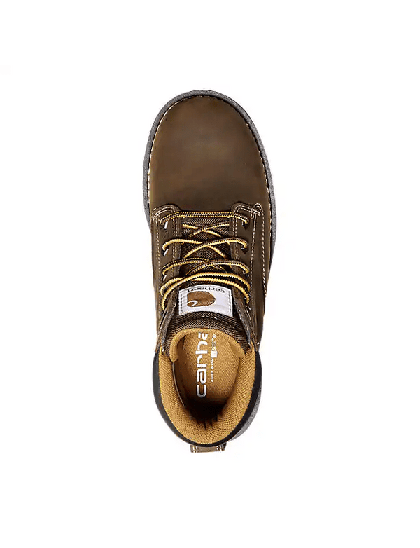 Top view of women's dark brown lace-up leather boot with a padded collar with Carhart logo stitched on front.