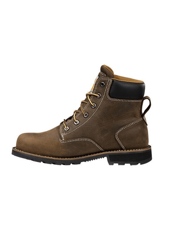 Left side view of women's dark brown lace-up leather boot with a padded collar and a rubber outsole.