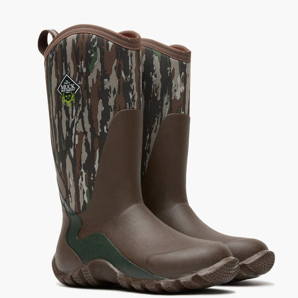 Pair of brown and camouflage-patterned rubber boots with a brand logo on a white background