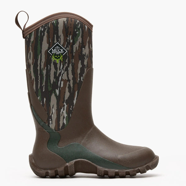 Right side view of brown and camouflage-patterned boot with a visible brand logo on a white background