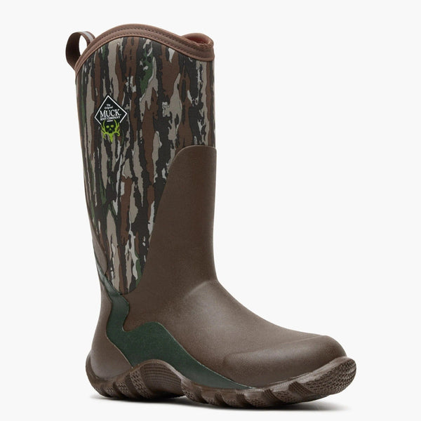 Right front view of brown and Camouflage-patterned boot with a brand logo on a white background
