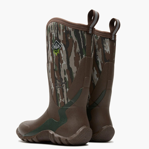 Rear view of a pair of brown and camouflage-patterned rubber boots with a visible brand logo on a white background