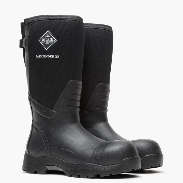 Right front angled view of a pair of black rubber and mesh boots with Brand logo on a white background