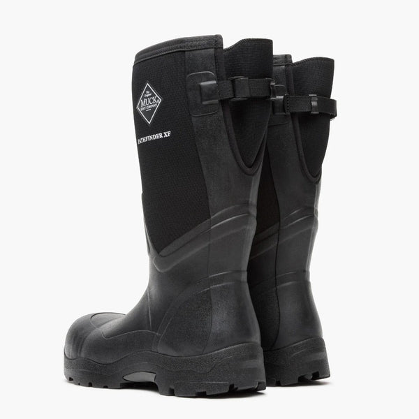 Back view of pair of black rubber boots with a visible brand logo on a white background