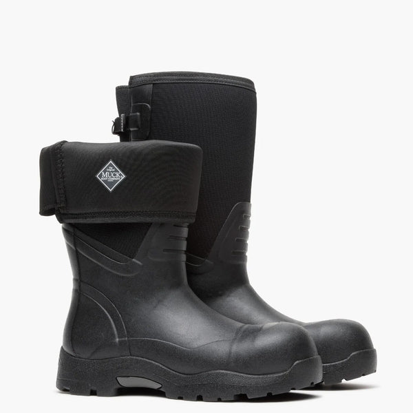 Pair of black rubber boots with adjustable cuffs on a white background