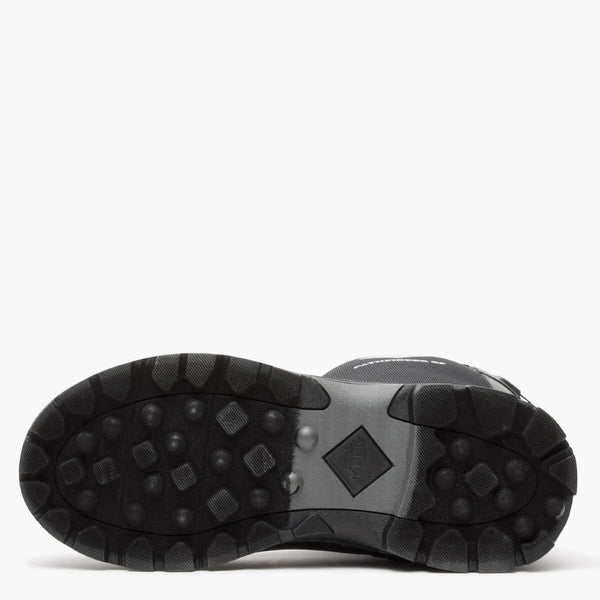 Black and gray sole of a boot on a white background