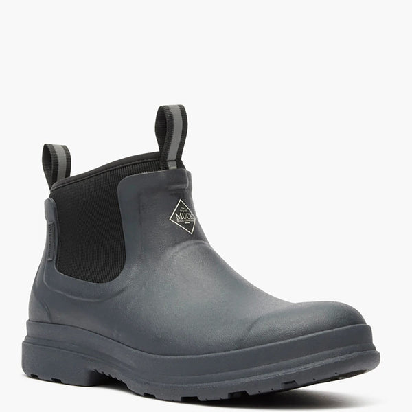 Black rubber boot with black pull tab on a white background