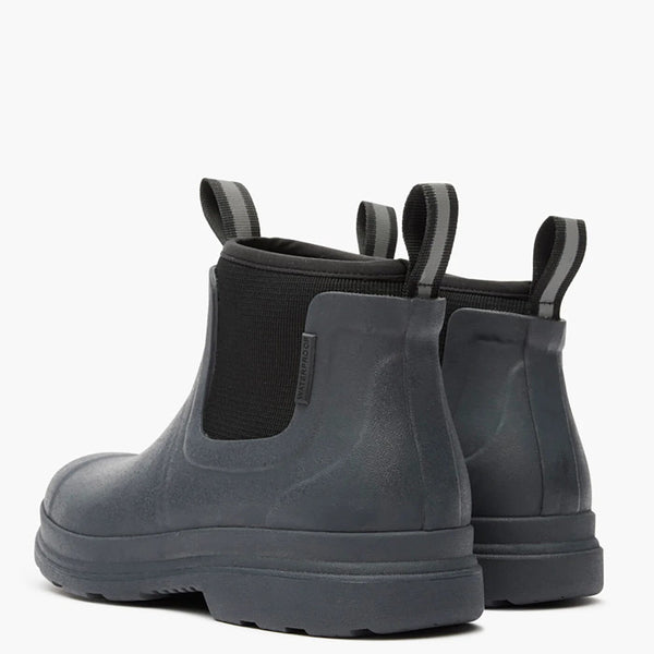 Pair of Black rubber boots with elastic sides on a white background