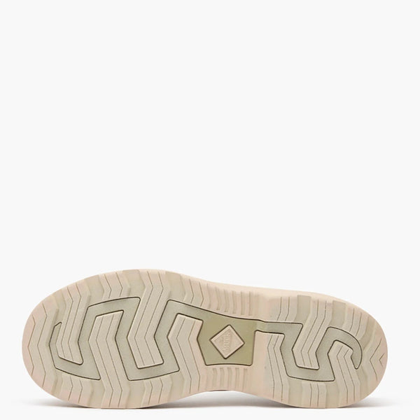 Close-up of a boot sole with tread pattern on a white background
