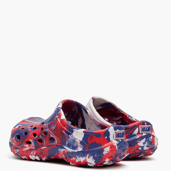Colorful clogs with a abstract pattern on a white background