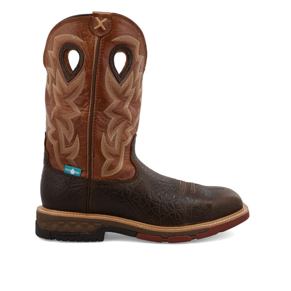 A brown, pull-on Twisted X Western work boot with a square toe and a rubber outsole visible in the image.