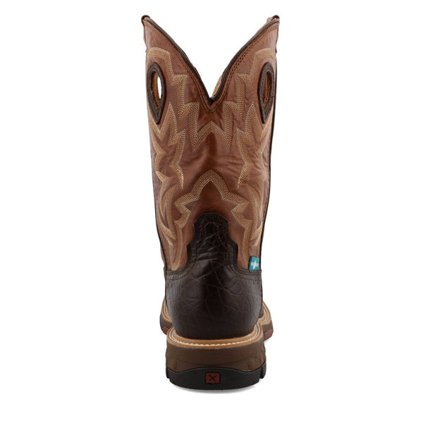 Rear view of brown, pull-on Twisted X Western work boot with a block heel and embroidered design on shaft.