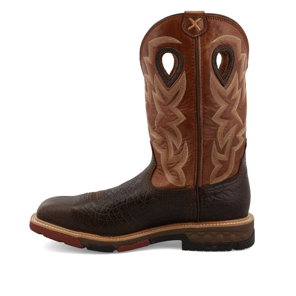 Left side view of brown, pull-on Twisted X Western work boot with a square toe and embroidered design on shaft.