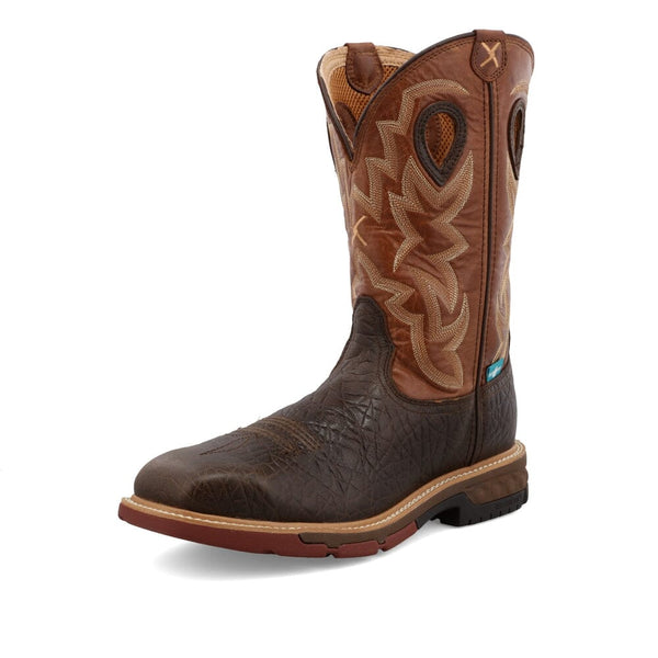 Front angle view of a brown, pull-on Twisted X Western work boot with a square toe and embroidered design on shaft.
