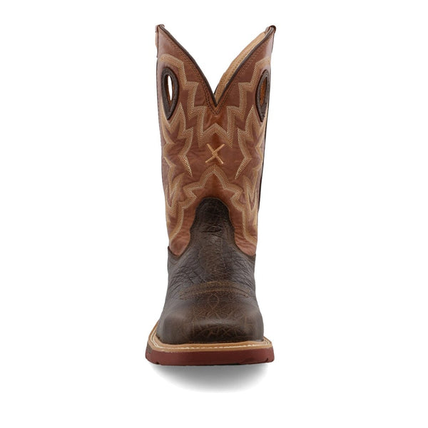 Front view of a brown, pull-on Twisted X Western work boot with a square toe and embroidered design on shaft.