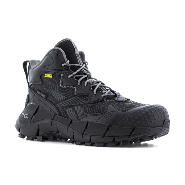 A black, trail-inspired waterproof work hiker with a composite toe and internal met guard, featuring a rugged outsole and lugged design.