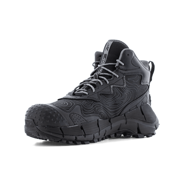 Black hiking work boot with white laces and rubber sole and toe cap