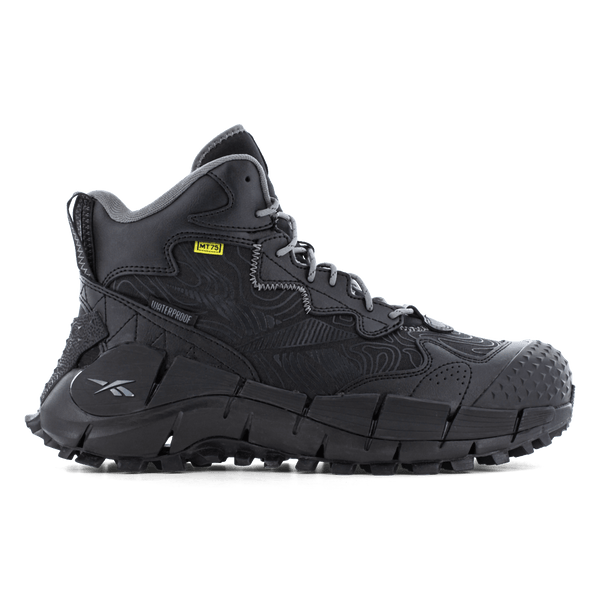 Right side view of Black hiking work boot with white laces and rugged rubber sole and toe cap and a logo on side of heel.