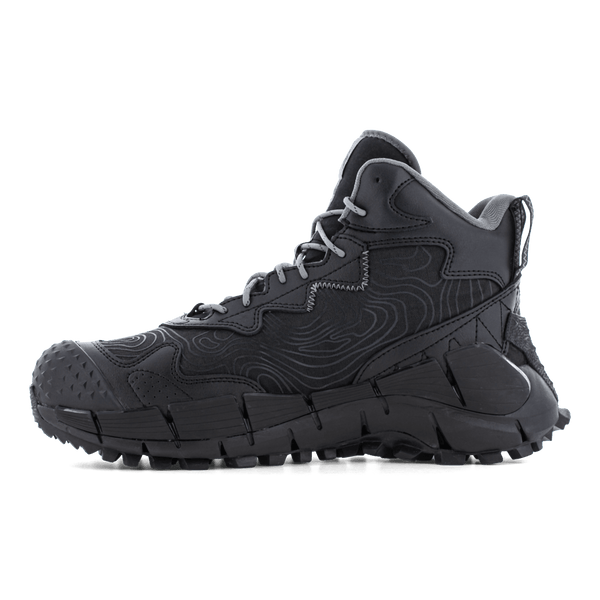 side view of black hiking work boot with white laces and rubber sole and toe cap