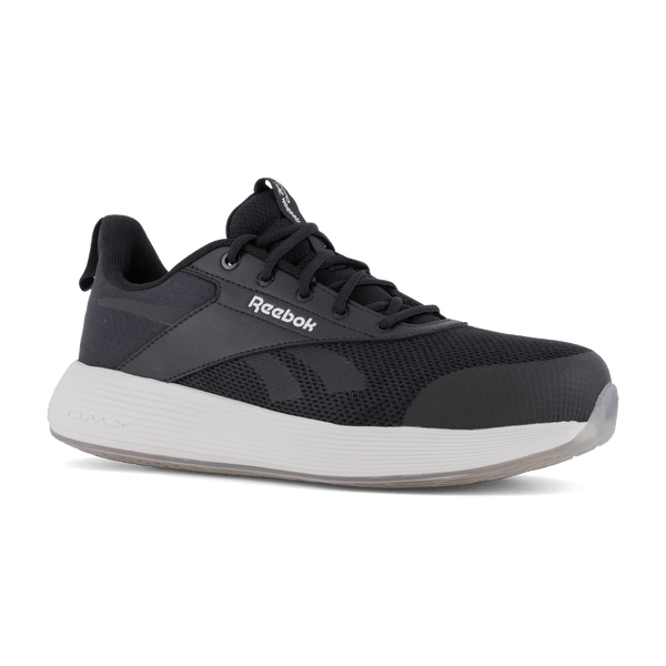 A pair of black and white Reebok athletic work shoes with a composite toe and slip resistant rubber sole.
