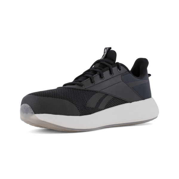 Black athletic shoe with white sole on a white background