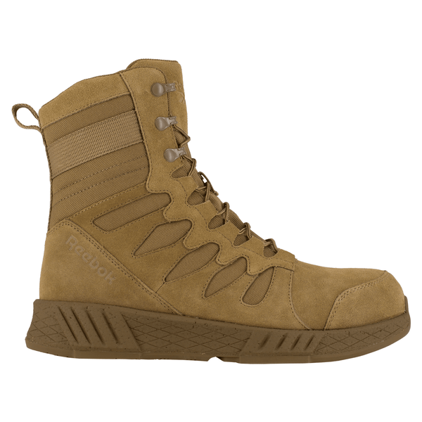 Right side view of a brown tan tactical boot with  lace-up closure and rubber outsole.