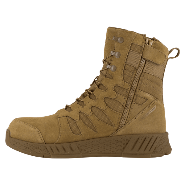 Left side view of a brown tan tactical boot with side zipper, lace-up closure, and rubber outsole.