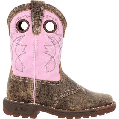 right view of kids cowgirl boot with distressed brown vamp and pink shaft with white and brown stitching
