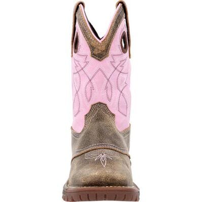 front view of kids cowgirl boot with distressed brown vamp and pink shaft with white and brown stitching