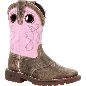 kids cowgirl boot with distressed brown vamp and pink shaft with white and brown stitching