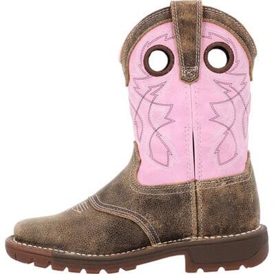 left view of kids cowgirl boot with distressed brown vamp and pink shaft with white and brown stitching