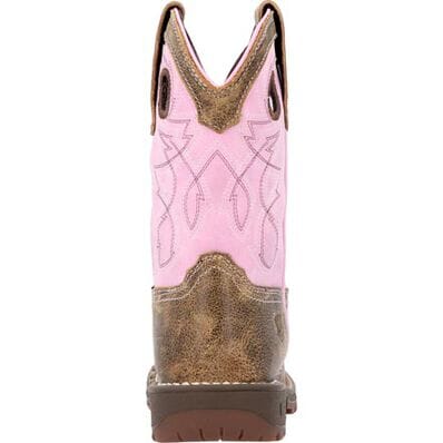 back view of kids cowgirl boot with distressed brown vamp and pink shaft with white and brown stitching