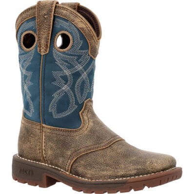 little kids cowboy boot with distressed brown vamp and slate blue shaft with white and brown stitching